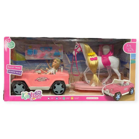 Ensemble Poupées, Cheval et Voiture avec Remorque