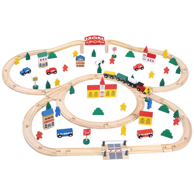 Circuit de Train en Bois 100 Pièces - Triple Boucle