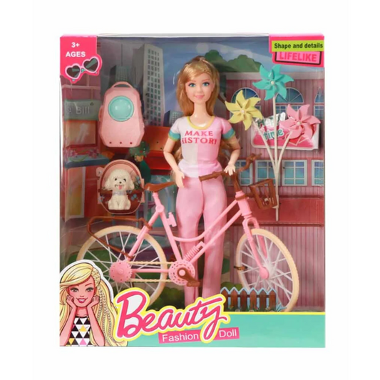 Poupée avec Vélo, Sac à Dos et Petit Chien – Jeu de Rôle Enfant